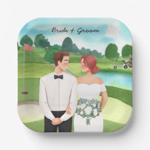 Bride and Groom Golfer wedding in golf course Paper Plate