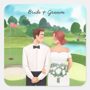 Bride and Groom Golfer wedding in golf course Square Sticker