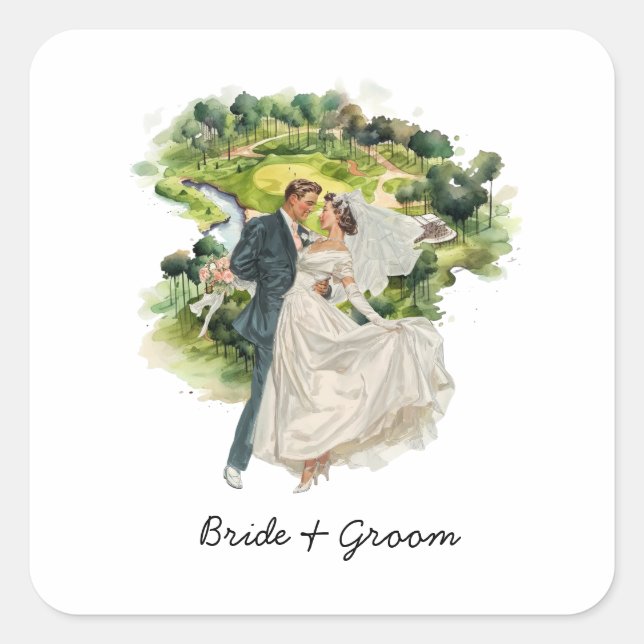  Bride and Groom Golfer wedding in golf course Square Sticker (Front)