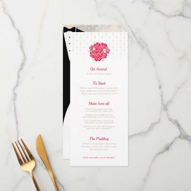 Bride and groom green bouquet red wedding menu (Front/Back In Situ)