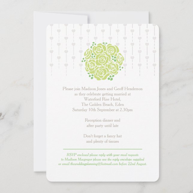 Bride and groom green bouquet wedding invitations (Back)