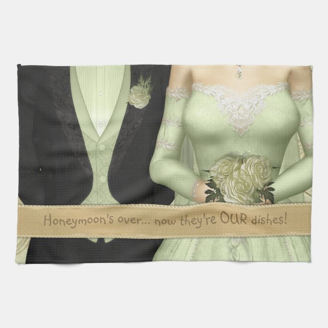 Bride and Groom (green) Funny Dish Towel (Horizontal)