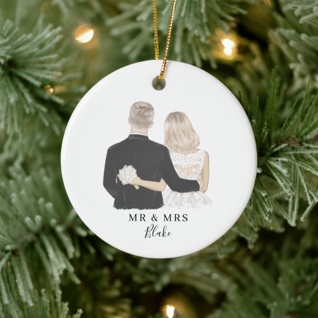 Bride and Groom Illustration Ceramic Ornament (Tree)