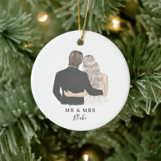 Bride and Groom Illustration Ceramic Ornament (Tree)