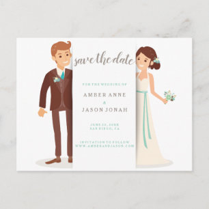Bride and Groom illustration Save the Date Announcement Postcard