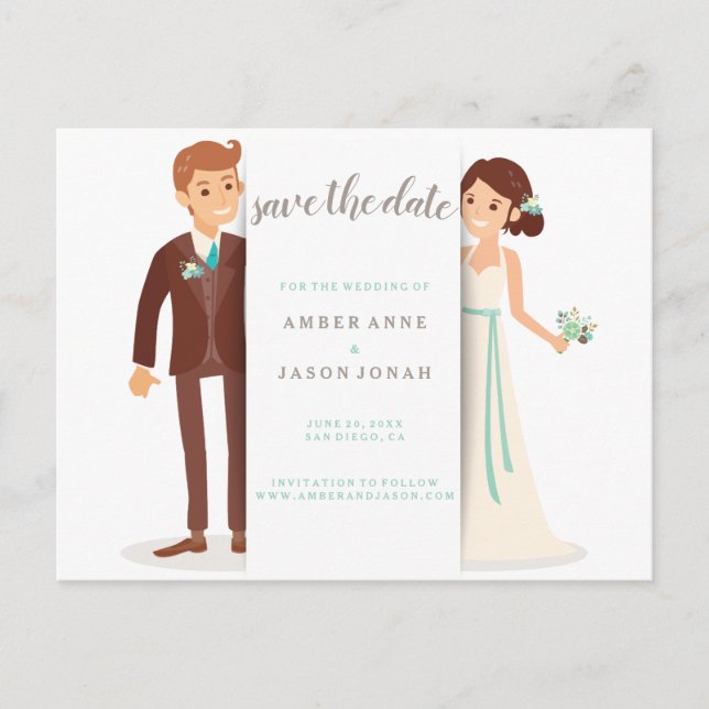 Bride and Groom illustration Save the Date Announcement Postcard (Front)