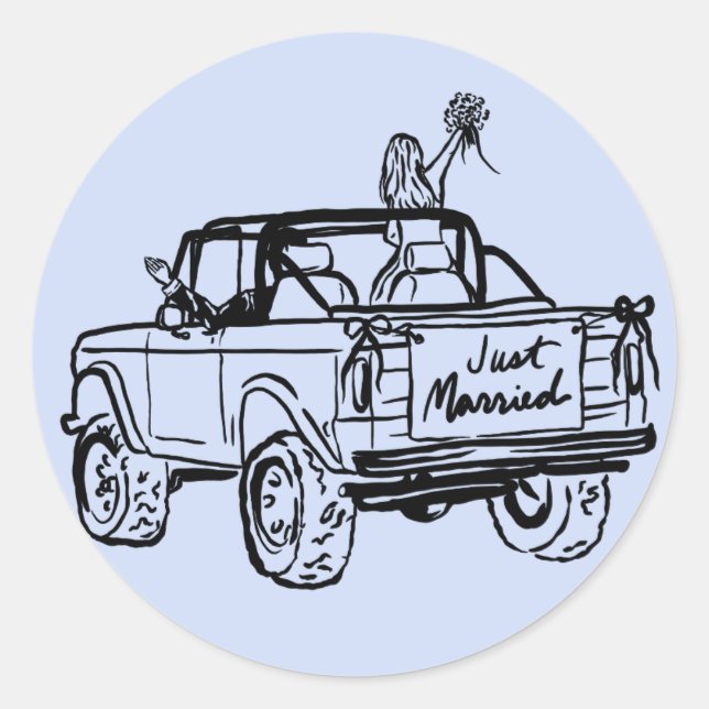 bride and groom in a just married SUV  Classic Round Sticker (Front)