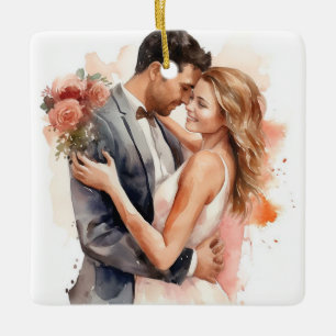 Bride and Groom in Just Married Wedding Ceramic Ornament