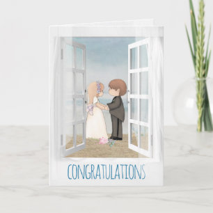 bride and groom in open window beach scene card