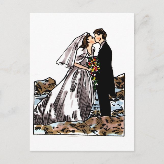 Bride and Groom Kiss on Beach Postcard (Front)