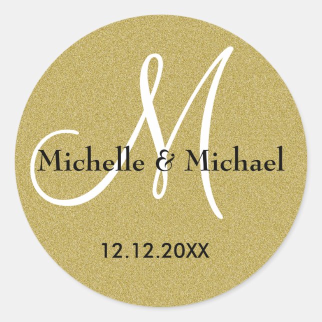 Bride And Groom Monogram Gold Glitter Classic Round Sticker (Front)