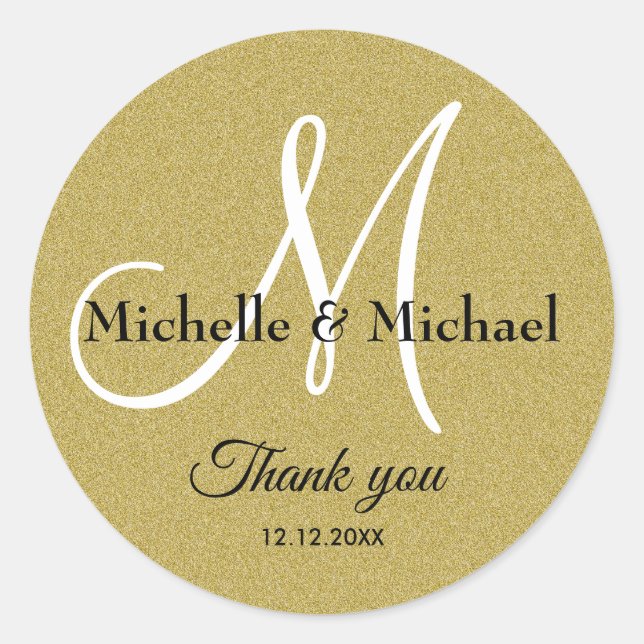 Bride And Groom Monogram Gold Glitter Thank You Classic Round Sticker (Front)