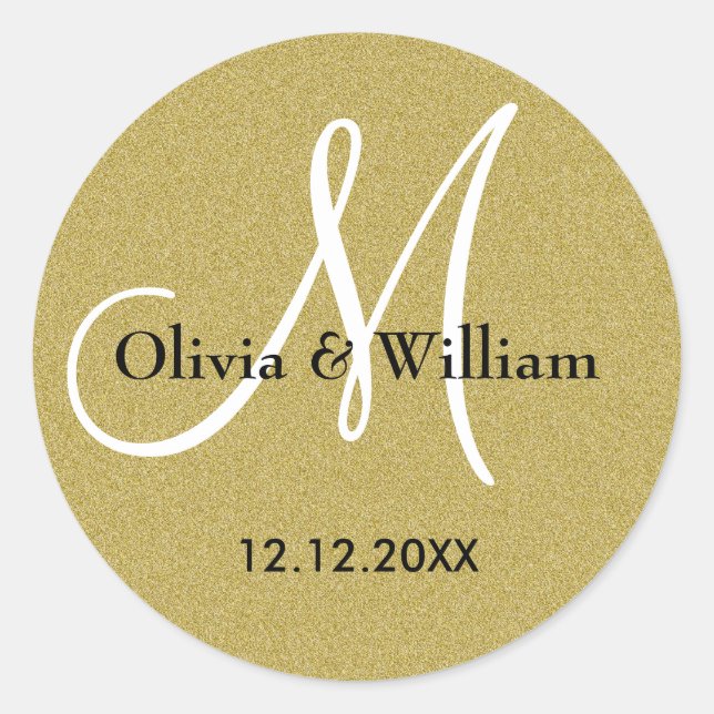 Bride And Groom Monogram Gold Glitter Wedding Classic Round Sticker (Front)
