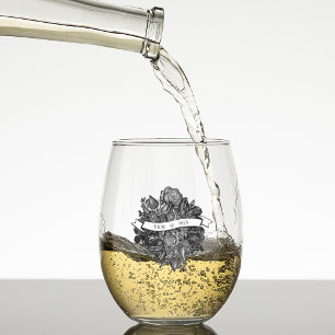 Bride and Groom Monogram Initials Black Roses Stemless Wine Glass