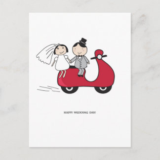 Bride and groom on the red scooter. Wedding card
