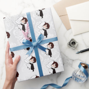 Bride And Groom on White Damask Wrapping Paper