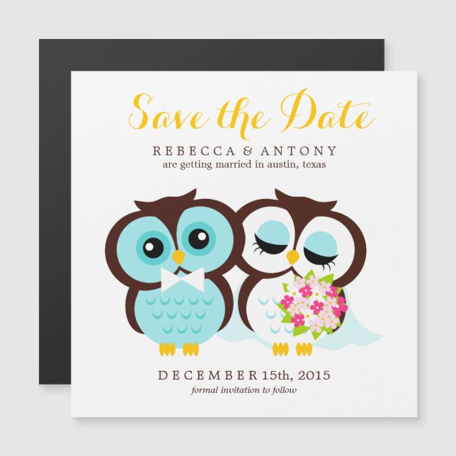 Bride and Groom Owls Wedding Save the Date Magnetic Invitation (Front/Back)