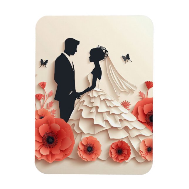 Bride and groom paper art with flowers magnet (Vertical)
