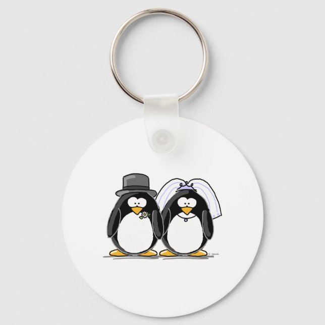 Bride and Groom Penguins Key Ring (Front)