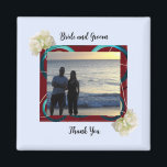 Bride and Groom Photo Wedding Magnet<br><div class="desc">A burgundy modern border accented by lovely garden flowers. A modern elegant wedding design. Customise with bride and groom's names and photo to personalise.</div>
