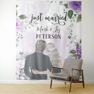 Bride and Groom Purple Blush Flowers Just Married Tapestry