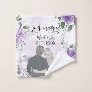 Bride and Groom Purple Blush Flowers Just Married Wash Cloth