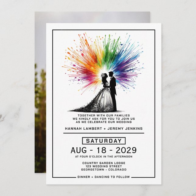 Bride and Groom Rainbow Burst Wedding Invitation (Front/Back)