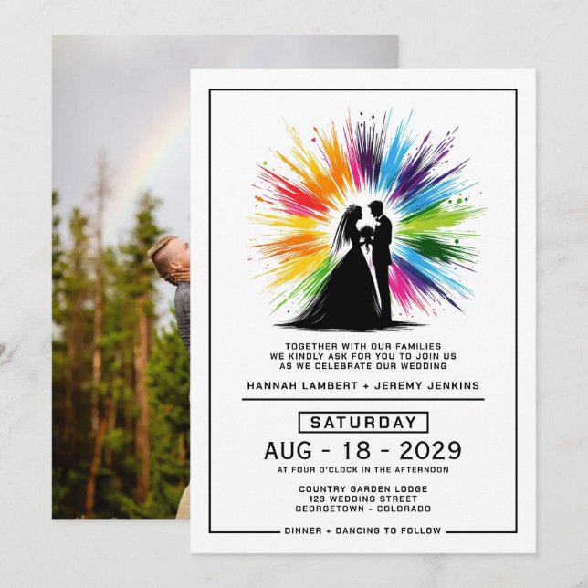 Bride and Groom Rainbow Burst Wedding Invitation (Front/Back)