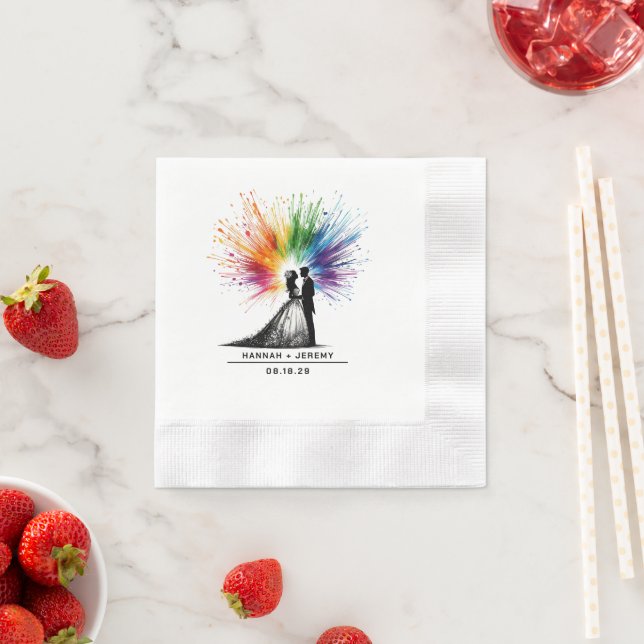 Bride and Groom Rainbow Burst Wedding Napkin (Insitu)