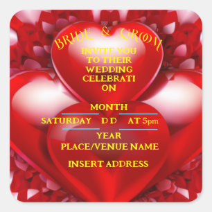 BRIDE AND GROOM Red Love Hearts  Square Sticker