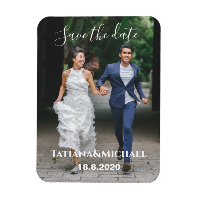 Bride and groom running, save the date, custom magnet (Vertical)