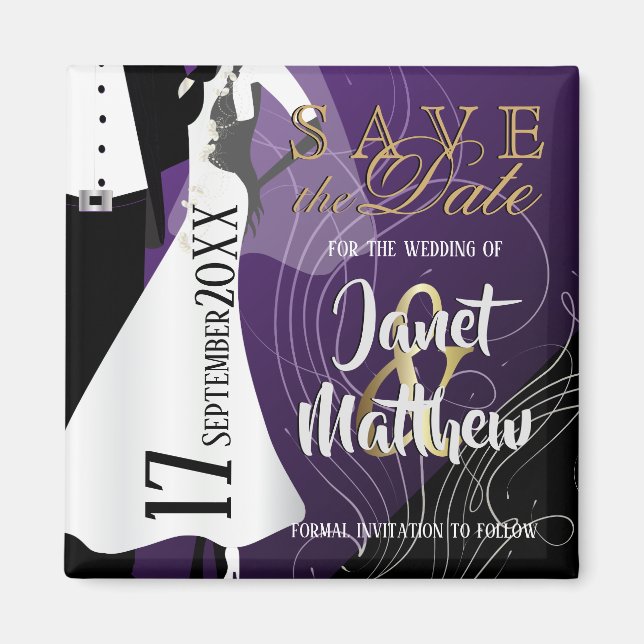 Bride and Groom - Save the Date - Purple Magnet (Front)