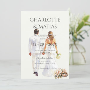 bride and groom silhouette Boho Floral Wedding  Invitation