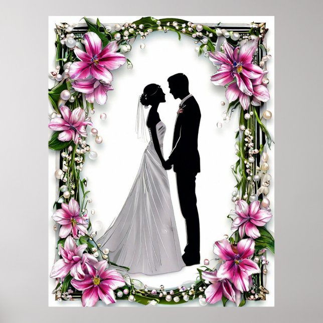 Bride and Groom Silhouettes wedding Framed Poster (Front)