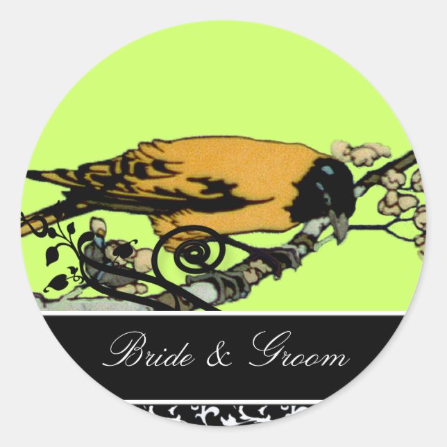 Bride and Groom Swirl & Vintage Birds Sticker (Front)