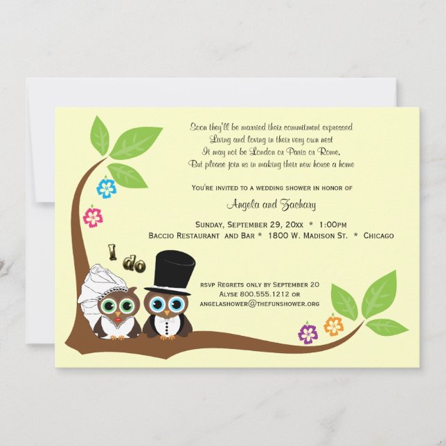 Bride And Groom Tree Owls Wedding Shower Invite (Front)
