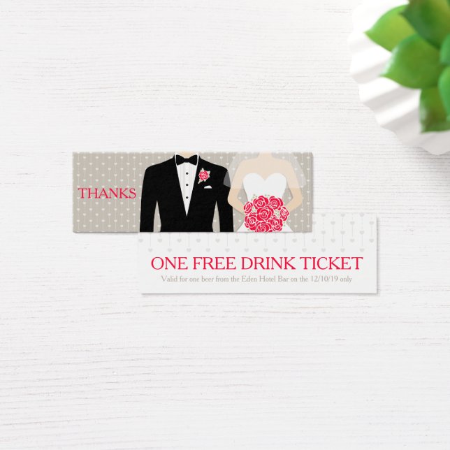 Bride and groom wedding free drink voucher card (Desk)