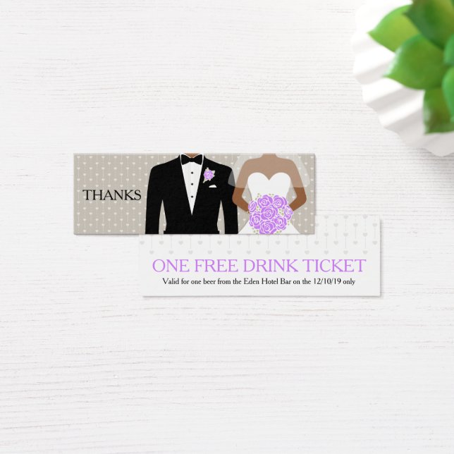 Bride and groom wedding free drink voucher card (Desk)