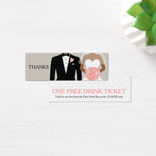 Bride and groom wedding free drink voucher card (Desk)