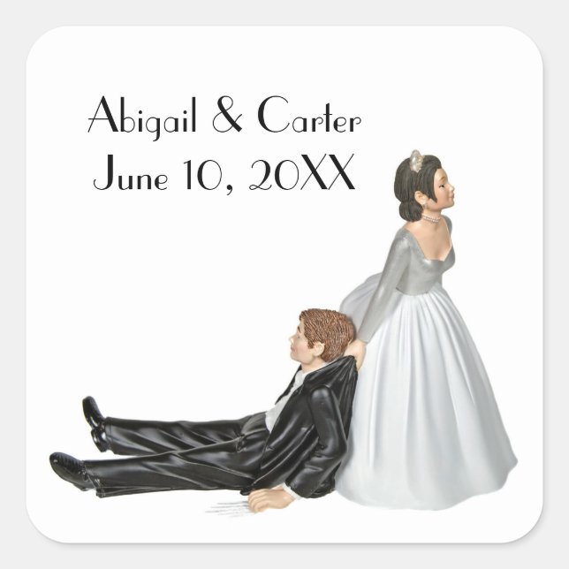 Bride and Groom Wedding Humour On White Square Sticker (Front)