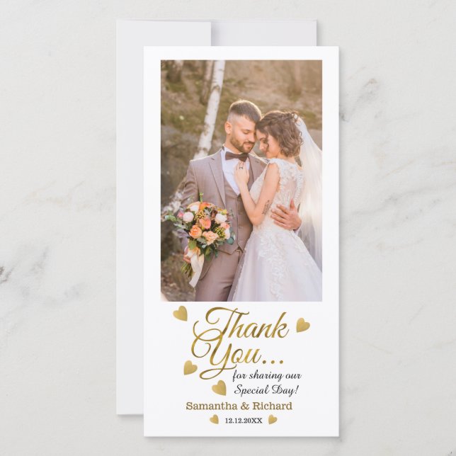  Bride And Groom Wedding  Photo Gold Script Thank You Card (Front)