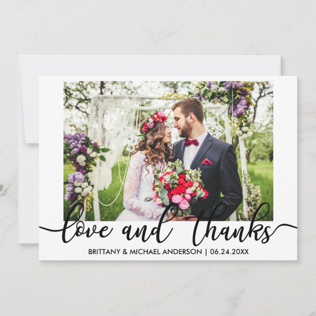 Bride and Groom Wedding Photo Love and Thanks Thank You Card (Front)
