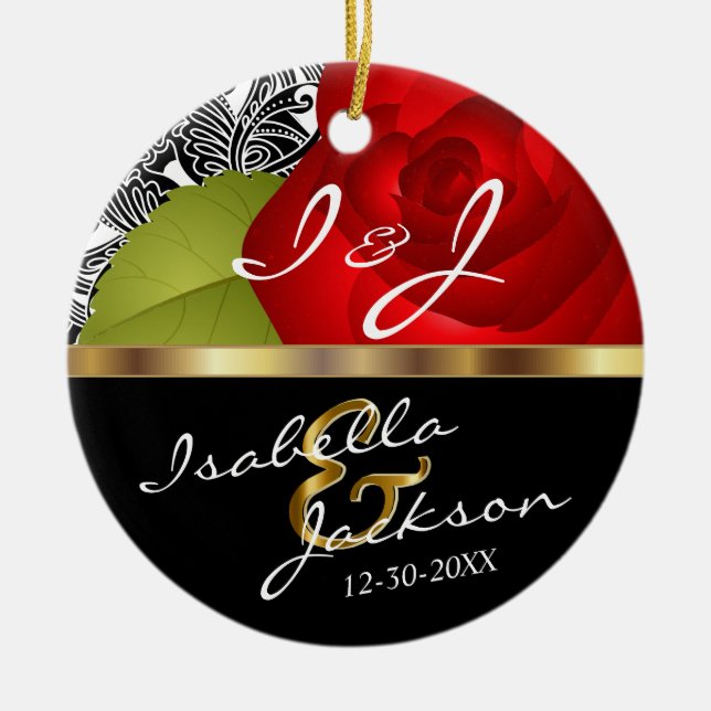 Bride and Groom Wedding Red Rose Keepsake Ceramic Tree Decoration (Front)