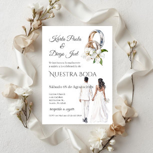 Bride and groom wedding with rings in Spanish Invitation