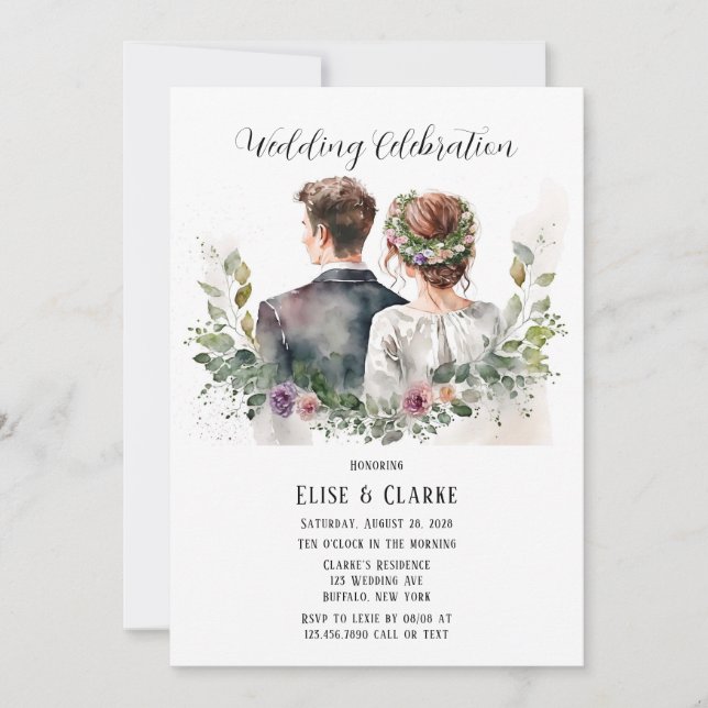Bride and Groom with Botanical Florals Wedding Invitation (Front)