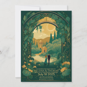 Bride and groom with brown hair  invitation