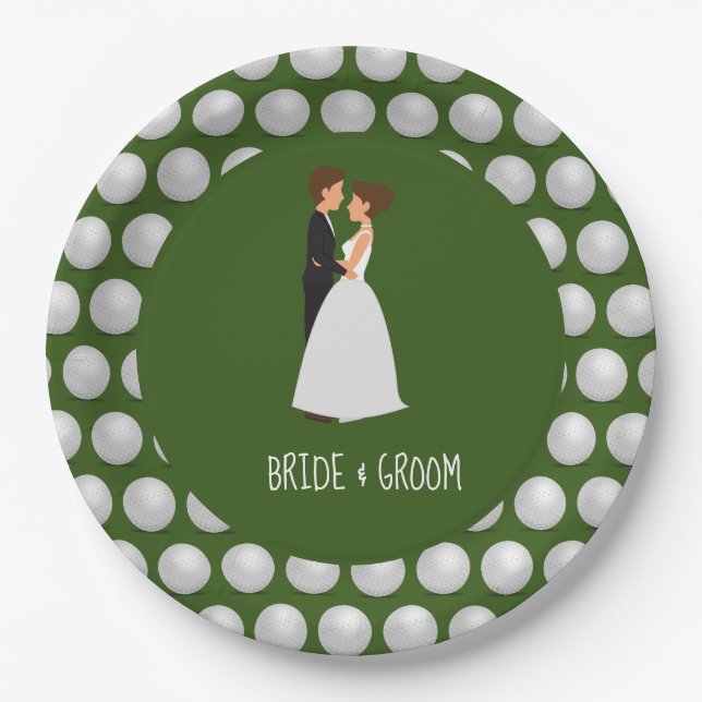 Bride and Groom with Golf ball on green Wedding  Paper Plate (Front)