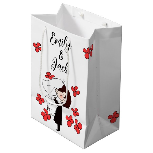 Bride And Groom with Red Flowers Medium Gift Bag (Front Angled)