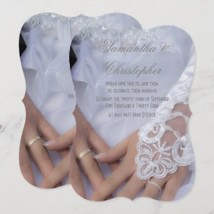 Bride and grooms hands and rings wedding invitation