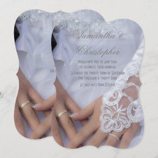 Bride and grooms hands and rings wedding invitation